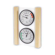 Комплект термометр и гигрометр для сауны EOS в прозрачном держателе из стекла с деревянной рамкой